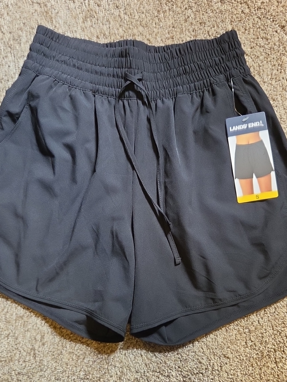 NWT Lands' End Women's Black Athletic Shorts with Smocked Waist